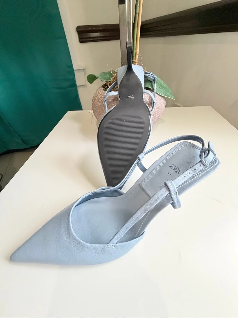 Zara Light Blue Slingback Heels Pointed Toe Size 37 US 6.5